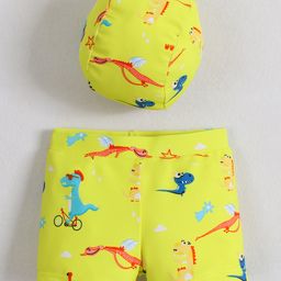 Babyhug Swimming Trunk With Dino Print & Swimming Cap - Yellow-image-22
