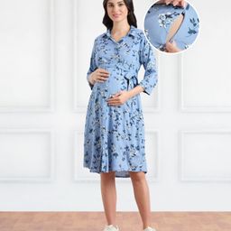 Bella Mama WovenThree Fourth Sleeves Shirt Maternity DressWith Floral Print - Light Blue-picture-44