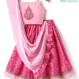 Babyoye Woven Sleeveless Choli Lehenga Set & Dupatta with Bandhani Print & Floral Embroidery & Frill Detailing - Pink-picture-19