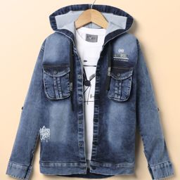 Dapper Dudes Full Sleeves Typography Printed Denim Hooded Jacket With Tee - Blue-image-59
