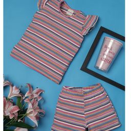 RAINE AND JAINE Cotton Knit Cap Sleeves Striped Coordinating Tee & Shorts Set - Multi Colour-image-66