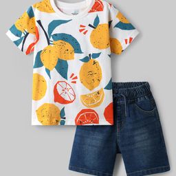 Ollington St. Cotton Half Sleeves Lemon Printed T-Shirt & Stretchable Denim Shorts Set - White & Blue-image-30