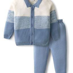 Babyhug Knit Full Sleeves Front Open Sweater Set with Color Block Design - Light Blue-image-61