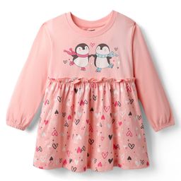CUCUMBER Interlock Knit Full Sleeves Penguin & Hearts Printed Frock - Pink-image-63