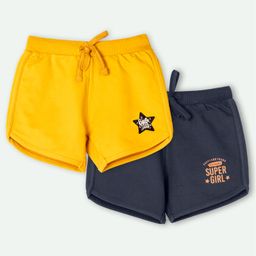 Ariel Cotton Knit Pack Of 2 Super Girl & Little Star Text Printed Shorts - Navy Blue & Yellow-picture-11