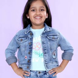 Kiddopanti Denim Woven Full Sleeves Cherry Blossom Embroidered Hello Japan Text Patch Detailed Jacket - Light Blue-image-95