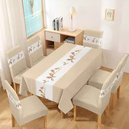 Cortina 7-Pcs Cream & Beige Printed Chair Cover WithTableCover-27