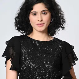 OTIRA Women Embellished Flutter Sleeve Crepe Blouson Crop Top-picture-15