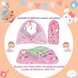 Kwitchy New Born Baby Sleeping Essential Combo of Mattress with Net Sleeping Bag Nappy Changing Mats Set - Pink image 3