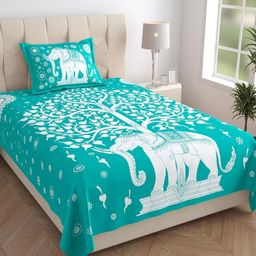Aura Turquoise Blue & White Ethnic Motifs 120 TC Single Bedsheet with 1 Pillow Covers-image-23