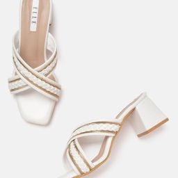 ELLE Women White & Gold-Toned Striped Woven Block Heels-52