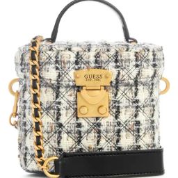 GUESS White & Black GIULLY Cannister Printed Medium Bucket Bag-image-66