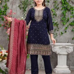 Aarika Kids Navy & Pink Embroidered Kurti, Pants with Dupatta-image-96
