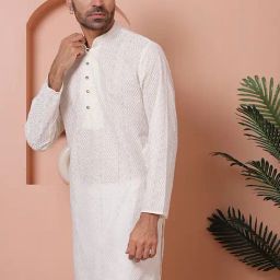Jompers Cream Ragular Fit Embroidered Kurta-image-0