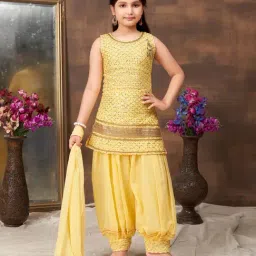 Aarika Kids Yellow Embellished Kurti, Salwar, Dupatta with Unstitched Sleeves-image-19