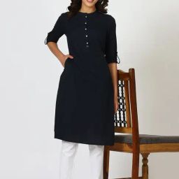 W Navy Blue Cotton Blend Solid Kurtas-picture-37