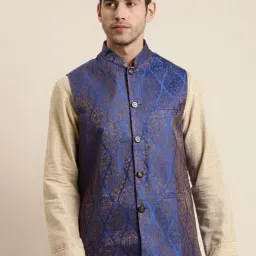 SOJANYA Navy Comfort Fit Jacquard Nehru Jacket-picture-19