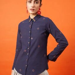 Okhai Noble Woman Navy Pure Cotton Kutch Hand Embroidered Shirt-image-55