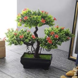 Foliyaj Red & Green Plastic Artificial New Triple-Headed Bonsai Tree With Small Flowers-image-89