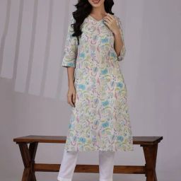 W Beige Pure Cotton Floral Kurtas-image-99