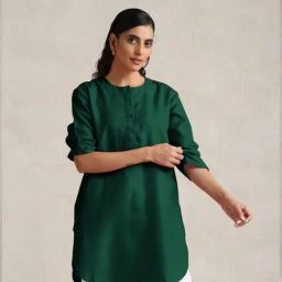 TrueBrowns Dark Green Solid Round Neck Kurta-image-60