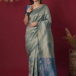 Satrani Turquoise Silk Blend Woven Saree With Unstitched Blouse-16