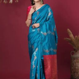 Satrani Blue Silk Blend Woven Saree With Unstitched Blouse-image-35