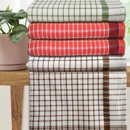 Athom Living Green & Red 5 Pieces Checked Cotton 210 GSM Bath Towels-18