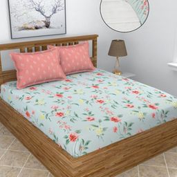 BREVARD White & Pink Printed Fitted 210 TC King Bedsheet with 2 Pillow Covers 2.7m x2.7m-image-72