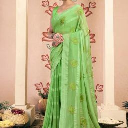 Satrani Green Chiffon Embroidered Saree With Unstitched Blouse-image-45