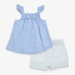 HOP Baby by Westside Light Blue Embroidered Cotton Top and Shorts Set-image-103