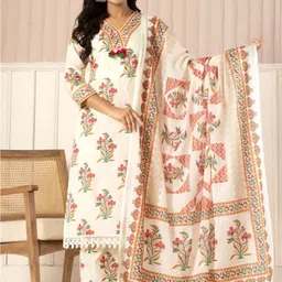 AUTUMN LANE Women Floral Printed Regular Pure Cotton Kurta with Trousers & With Dupatta-picture-28