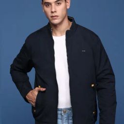 Showoff Navy Blue Nylon Slim Fit Solid Jacket-43