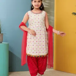 Aarika Kids White & Pink Embellished Kurti, Salwar with Dupatta-image-15