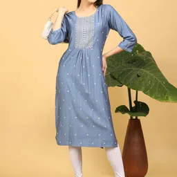 GOLDSTROMS Floral Embroidered Round Neck Sequinned Straight Cotton Kurta-picture-26
