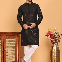 Jompers Geometric Embroidered Mandarin Collar Straight Kurta With Pyjamas-picture-21