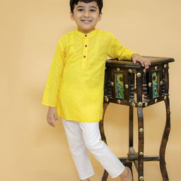 MoMaa Pure Cotton  Full Sleeves Floral Chikankari Embroidered Kurta Pyjama Set - Yellow-image-99