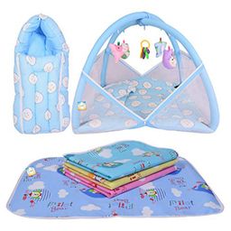 Kwitchy New Born Baby Sleeping Essential Combo of Mattress with Net Sleeping Bag Nappy Changing Mats Set - Blue-0