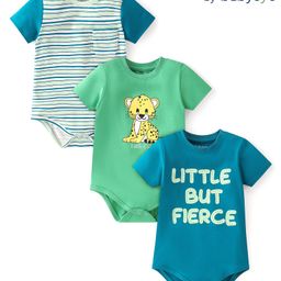 Babyoye 100% Cotton With Eco Jiva Finish Half Sleeves Onesie With Cheetah Print Pack of 3 - Green-image-39
