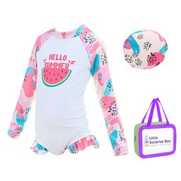 Little Surprise Box Full Sleeves Watermelons Printed Swimsuit & Cap With Bag - Pink-picture-24