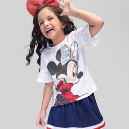 Babyhug Disney Cotton Knit Bell Sleeves Top & Mid Length Skirt Set With Minnie Mouse Graphics - White Black & Blue-image-6