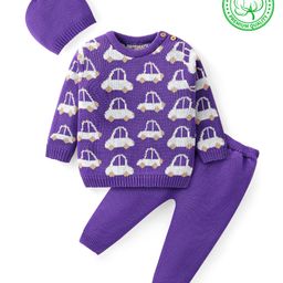 Babyhug Knit Full Sleeves Pullover Sweater Set with Cap & Car Design - Purple-image-97