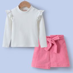 Kookie Kids Cotton Knit Full Sleeves Frill Detailed Top & Corduroy Skirt Set - White & Pink-image-93