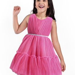 Babyhug Woven Sleeveless Party Dress With Glitter Print - Dark Pink-image-53