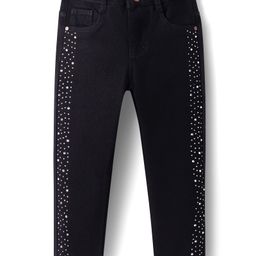 Babyhug Full Length Washed Denim Jeans With Glitter Print & Stretch - Black-image-71