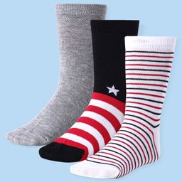 Cute Walk by Babyhug Cotton Lycra Knit Anti-bacterial Socks Solid Stars & Strips Design Pack of 3 - Grey Black & White-image-62