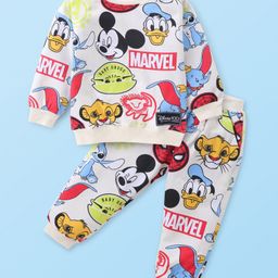 Babyhug Disney Cotton Knit Full Sleeves T-Shirt & Lounge Pants Co-Ord Set With Mickey Mouse Print - Off White-image-19
