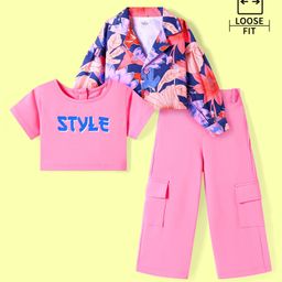 Ollington St. Looper Knit Full Sleeves Floral Printed Jacket & Cargo Pant Set With Text Printed Inner Top - Pink-picture-12