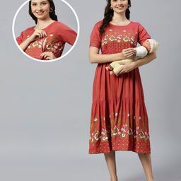 Dummy Shape Half Sleeves Floral & Polka Dots Printed Maternity Flared Kurta With Nursing Access - Dark Peach-image-78