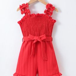Mark & Mia Sleeveless Textured Jumpsuits with Smock Detailing & Bow Applique - Red-image-51